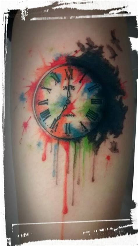 Clockwatercolor Tattoo With Birds Flying Bullet Tattoo Watercolor