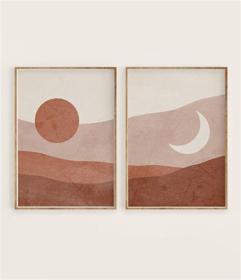 Boho Sun And Moon Print Set Of 2 Abstract Landscape Etsy Minimal