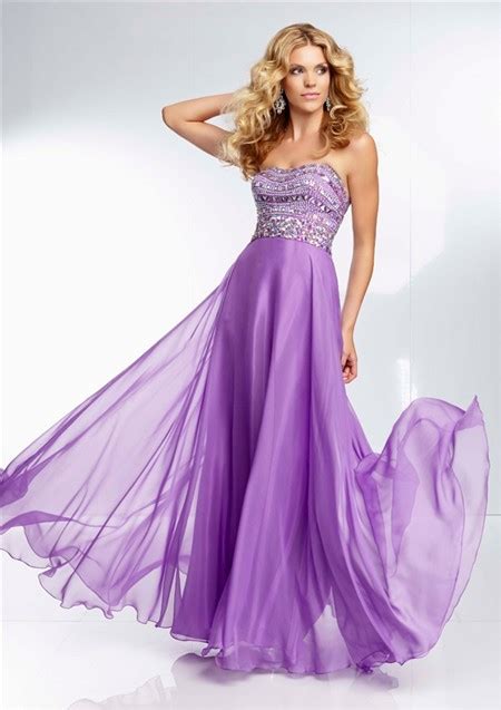 Flowing Strapless Long Lavender Purple Chiffon Beaded Crystal Prom Dress