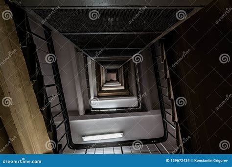 Perspective Of A Staircase Interior Old Vintage Squared Spiral Multi