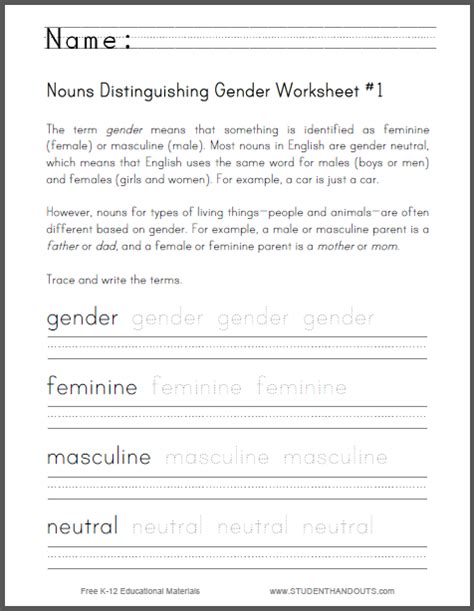 Nouns Distinguishing Gender Worksheet