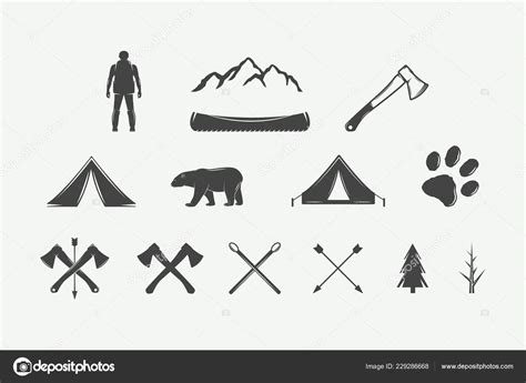 set vintage camping outdoor adventure elements can used logos badges stock vector image by ©de