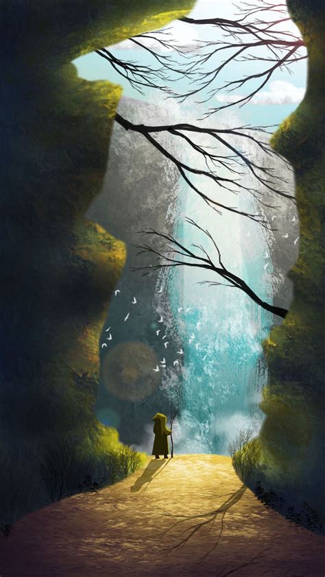 Download Wallpaper 1080x1920 Traveler Waterfall Cave