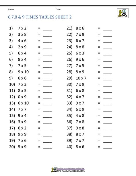 Multiplication Worksheet 6 7 8 9