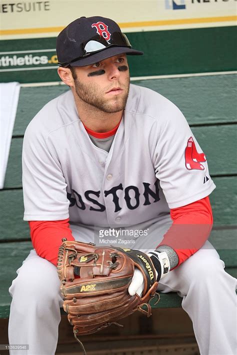 Dustin Pedroia 15 Of The Boston Red Sox Looks On From The Dugout Before The Game Against The