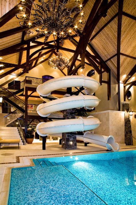 Amazing 3 Story Indoor Swimming Pool With Water Slide And Rock Climbing