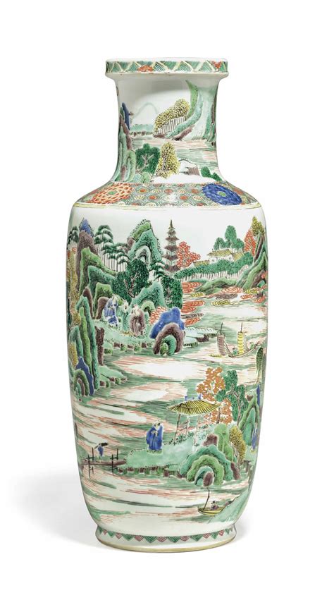 A Large Chinese Famille Verte Porcelain Rouleau Vase Kangxi Period