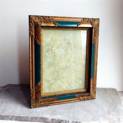 vintage 8 x 10 gold and teal ornate picture frame hollywood regency goldtone w molded