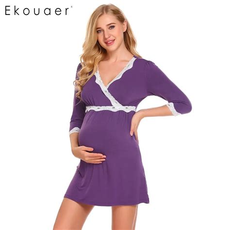 Ekouaer Women V Neck Maternity Nursing Sleepwear Nightdress Lace Patchwork Short Nightgown Sleep