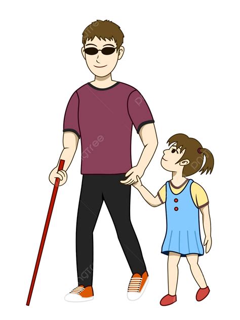Happy Blind Man And Daughter Walking With Care Vector Guide Support