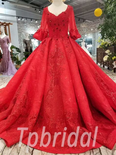 Red Wedding Dress Plus Size Hand Made Lace Ball Gown