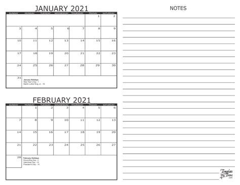 2 Month Calendar 2021