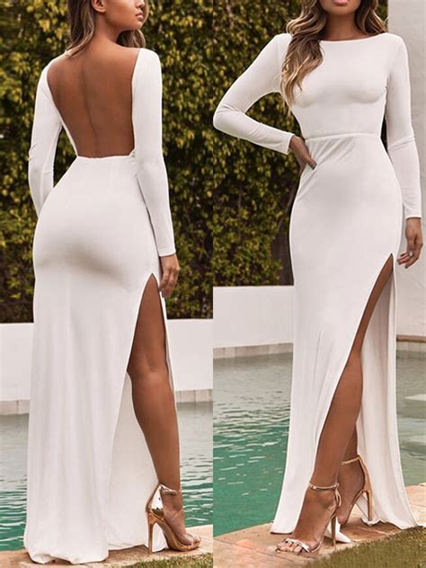 White Side Slit Backless Long Sleeve Fashion Maxi Dress Maxi Dresses Dresses