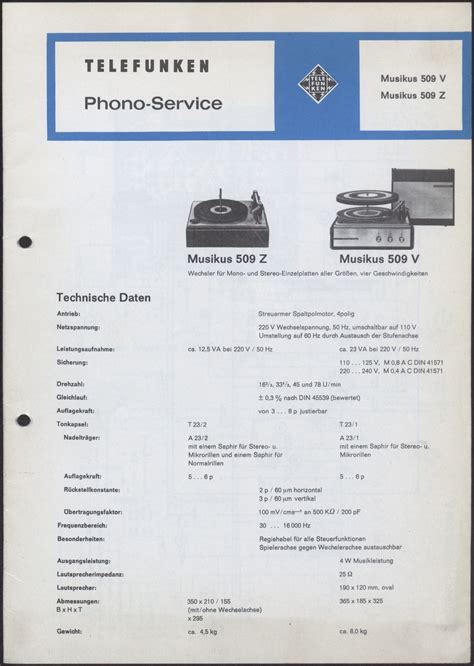 Bedienungsanleitung Telefunken Phono Service Für Musikus 509 V Und