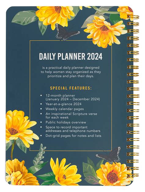 2024 12 Month Weekly Diary Planner Grateful And Blessed Navy Yellow Flowers Koorong