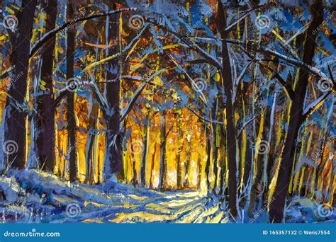 Trees In Winter Forest Original Oil Painting Stock Illustration