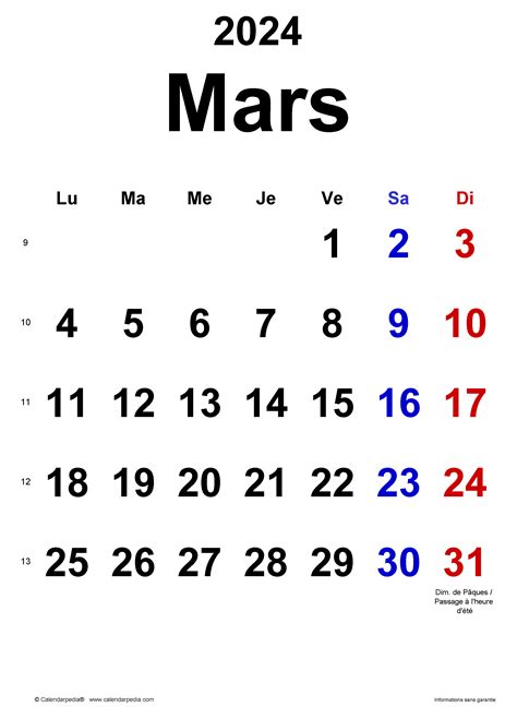 Calendrier Mars 2024 Excel Word Et Pdf Calendarpedia