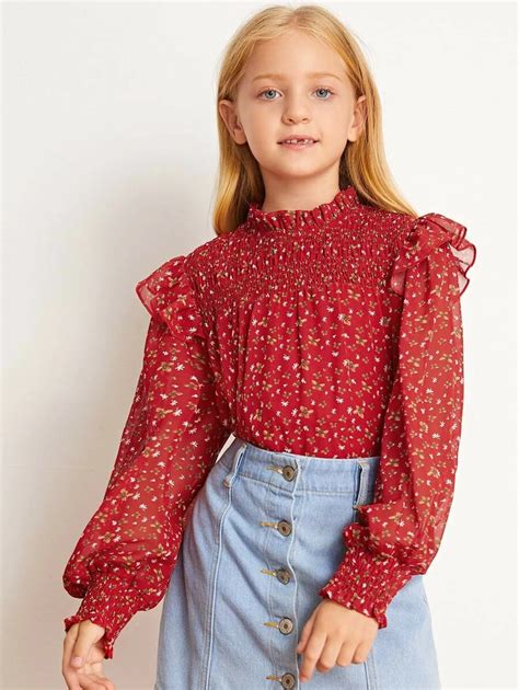 Girls Ruffle Trim Shirred Ditsy Floral Top Shein Usa Ditsy Floral Top Floral Tops Dresses