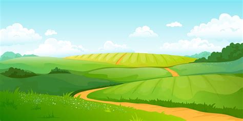 Summer Fields Landscape Cartoon Countryside Valley With Green Hills B