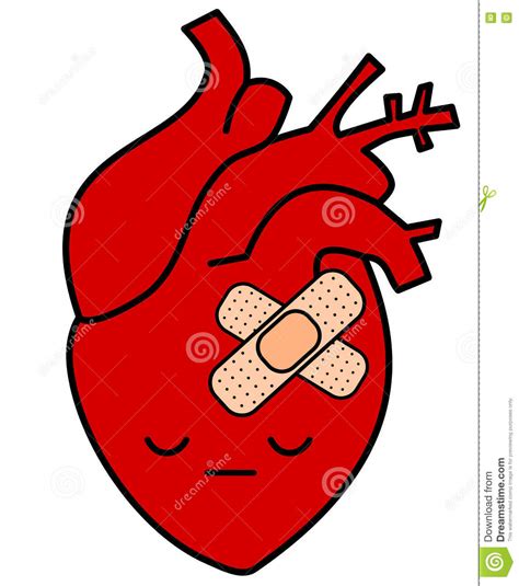 Cute Cartoon Sad Human Heart With Plaster Concept