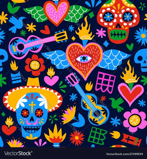 Day Dead Mexican Cartoon Background Pattern Vector Image