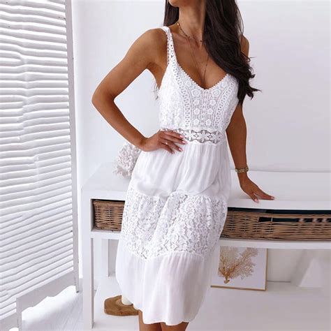Lace Stitching Summer Beach Dress V Neck Spaghetti Strap White Dress Sleeveless Holiday