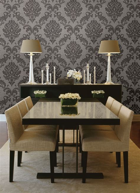 Gorgeous Formal Dining Room Decor Idea With A Damask Wallpaper Feature