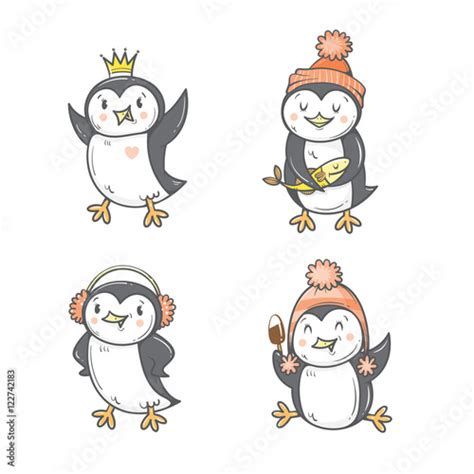 Cute Cartoon Penguins Set Four Arctic Birds Funny Animals Winter