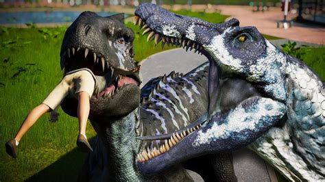 2 Spinosaurus Vs 2 Indominus Rex Vs 2 Giganotosaurus Breakout And Fight