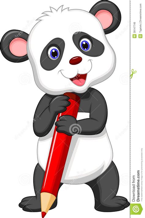 Cute Panda Bear Cartoon Holding Red Pencil Stock Vector