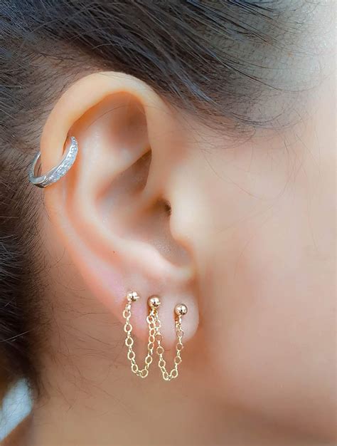 Chain Earring Double Triple Four Piercing Earring Set Stud K Gold Filled Amazon Co Uk Handmade