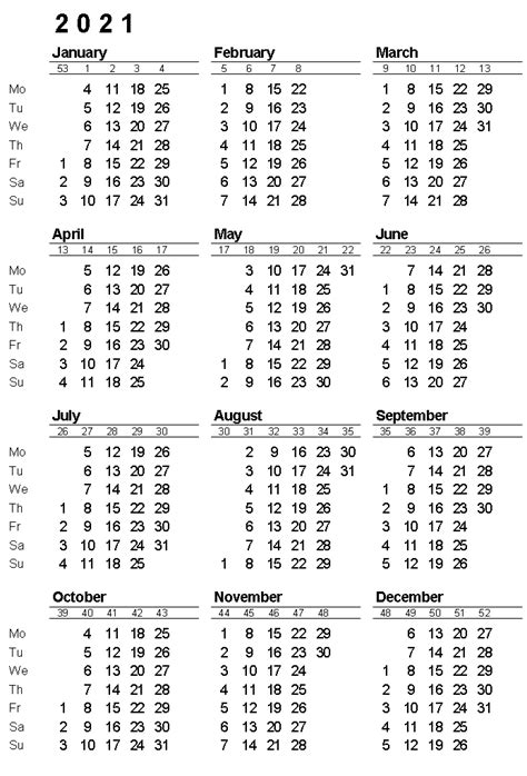 2021 Yearly Calendar With Week Numbers Calendar With Week Numbers