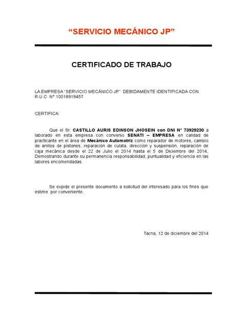 Certificado De Trabajo Taller Mecanico Jhosein Motores Tecnología