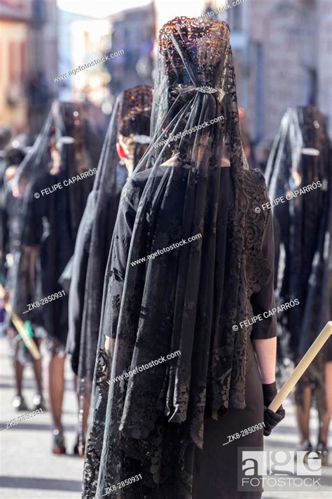 Woman Dressed In Mantilla During A Procession Of Holy Week Spain