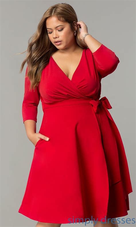 Plus Size Wrap Knee Length Holiday Party Dress In Plus Size Red