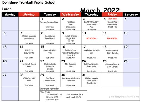 March Breakfast And Lunch Menus Doniphan Trumbull Public School