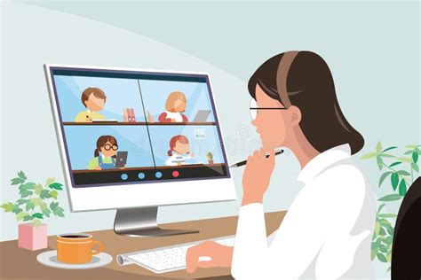 Young Asian Teacher Teaching Online Class Via Video Call Stock Vector