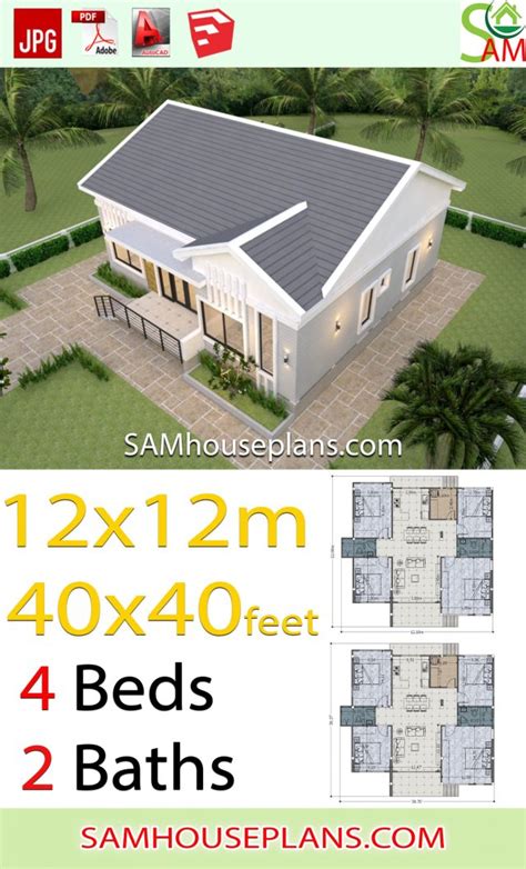 House Plans 12x12 Meter 4 Bedrooms Gable Roof 40x40 Feet Samhouseplans
