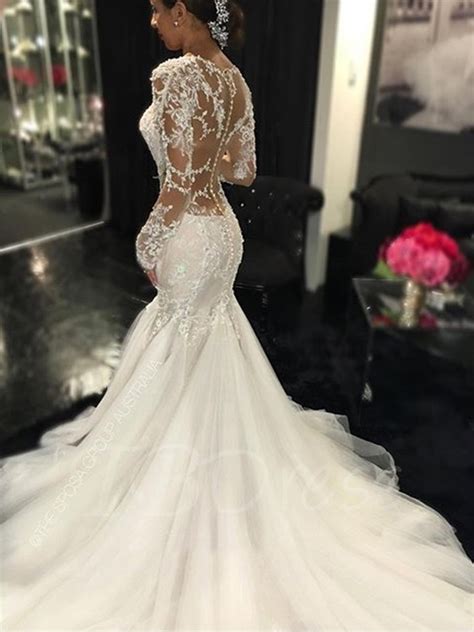 Long Sleeves Mermaid Wedding Dress With Illusion Back On Luulla
