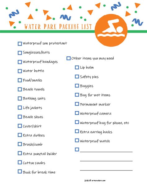 pack   trip   water park  printable