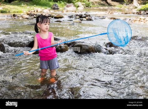 Asian Chinese Little Girl Catching Fish With Fishing Net In The Creek