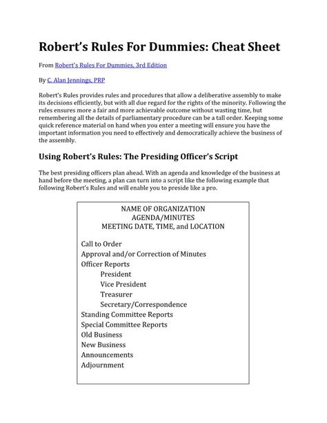 Roberts Rules For Dummies Cheat Sheet Docslib