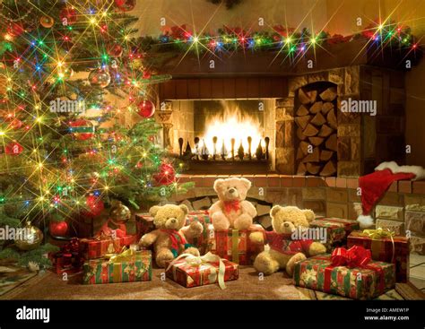 Christmas Scene Decoration With Fireplace Stock Photo Alamy