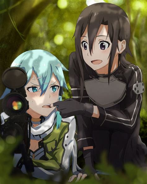 Two Anime Characters Sitting In The Woods With Their Arms Around Each