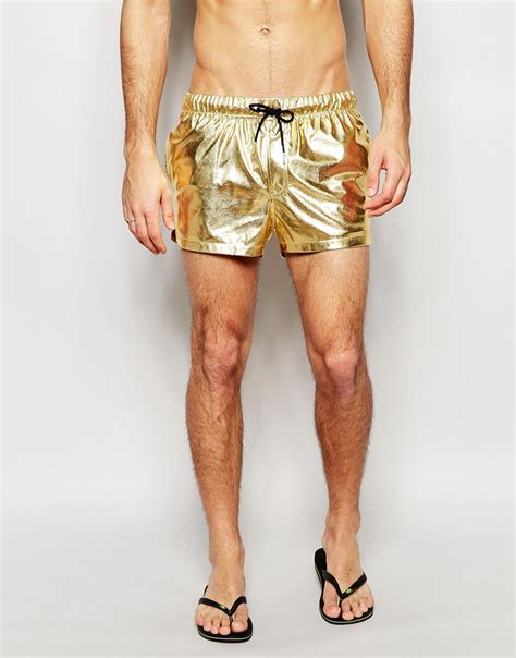 Asos Swim Shorts In Metallic Gold Short Length For Men Stylish Men Bodybuilding Shorts Swim