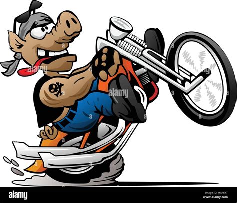Biker Hog Popping A Wheelie On A Motorcycle Cartoon Vector Illustration