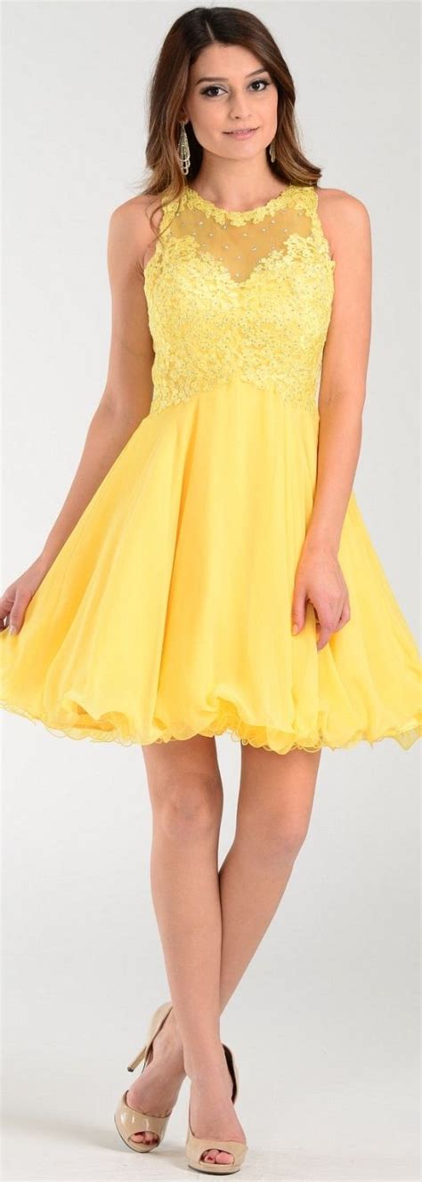 Poly Usa Short A Line Chiffon Prom Dress Yellow Sheer Neck Prom