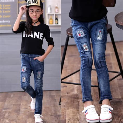 Children Jeans For Teenagers Girls Kids Trousers Casual Straight Patch