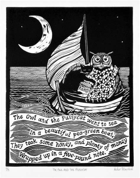 The Owl And The Pussycat Black And White Linocut Linocut Art Inspiration Bird Artwork