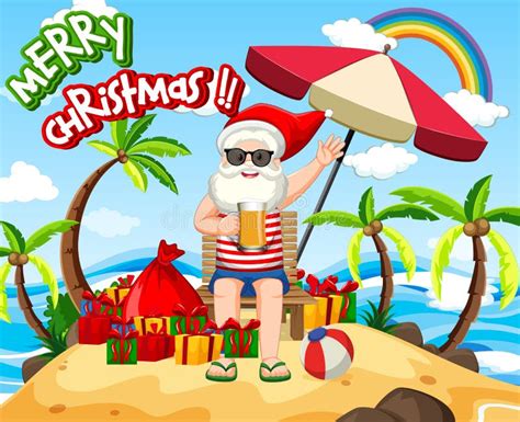 Santa Claus On The Beach Island For Summer Christmas Stock Vector